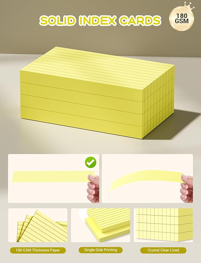 Yellow Index Cards 3x5, 200 PCS Notecards 3x5 Lined, Flashcards Note Cards 3 x 5 Thick Flash Cards Ruled Index Card, Single-Sided Ruled Lined 3 by 5 Index Cards for Studying Notes Taking