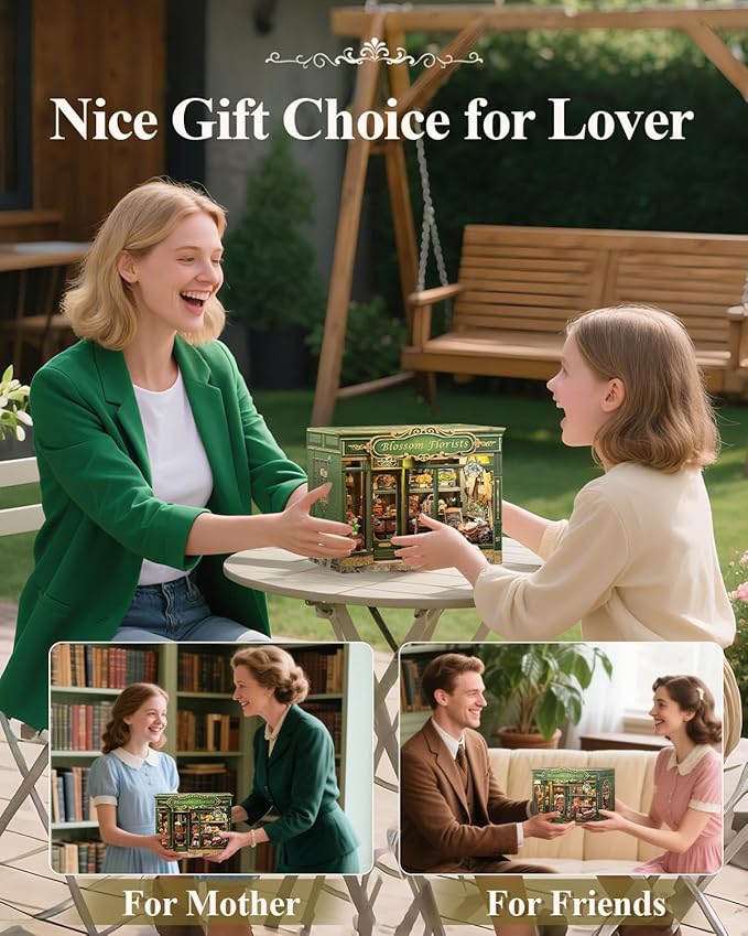 Cutefun Book Nook Kit - DIY Miniature House Dollhouse Kit, Book Nook Kits for Adults, Bookshelf Insert Bookend with LED Light for Teens and Adults (Blossom Florists)
