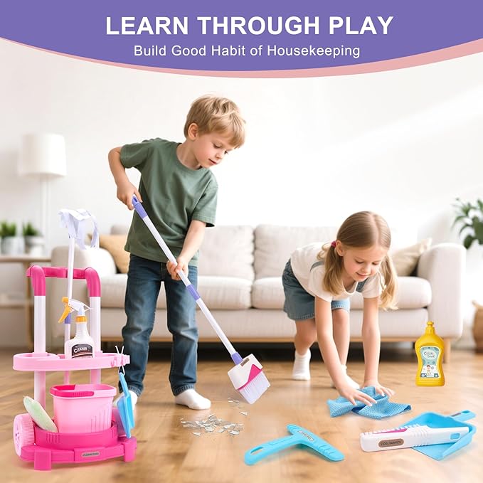 Jenilily Toddler Cleaning Set, Kids Cleaning Carts Toy Set, Detachable Kids Mop Broom Set for Toddlers - Pretend Play Educational Toy (Pink)