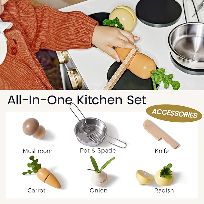 Tiny Land Play Kitchen, Kids Kitchen Playset, Toddler Kitchen with Cutting Food Set, Wooden Kitchen Sets for Kids, Best Gift for Girls and Boys