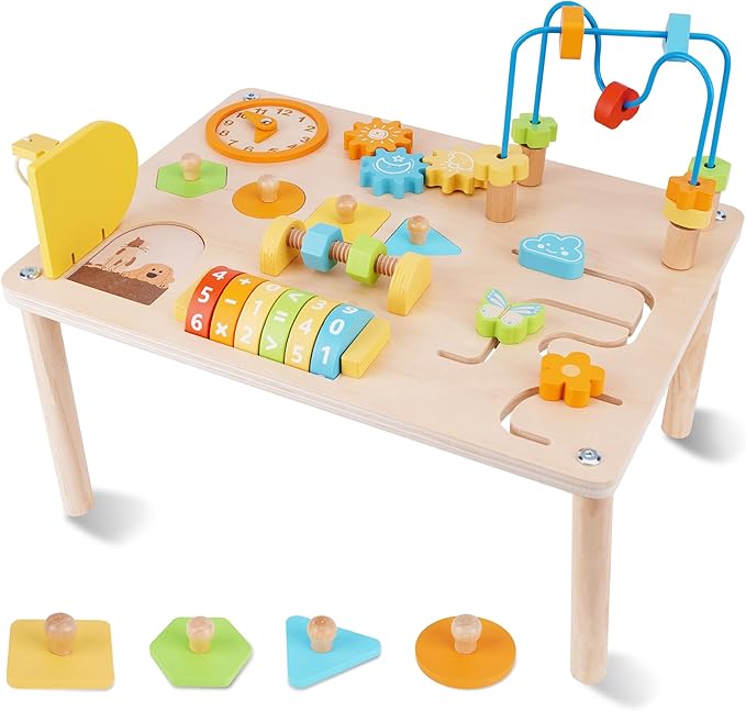 ATOYUS Activity Table for 1 2 Year Old, 8 in 1 Wooden Montessori Activity Center Toys for Toddlers 1-3, Kids Sensory Game Play Table, 1st Christmas Birthday Boys Girls Gifts for 12 Months+ Baby