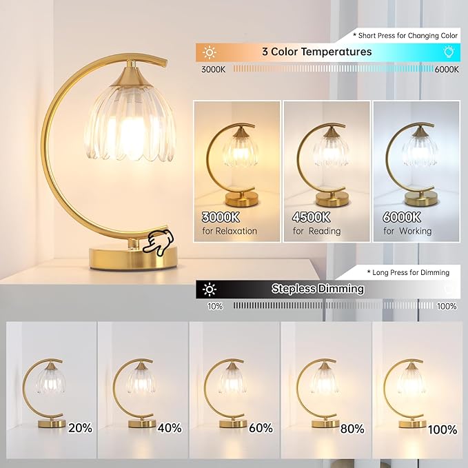 Cordless Table Lamp with 5200mAh Battery & Touch Control - 3 Adjustable Color Temperatures Bulb, Rechargeable Small Table Lamps for Living Room, Bedroom, Desk, Bedside (Transparent Tulip)