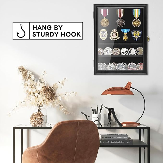 PiaoHao Medals Display Case Wall Frame for Collector, Military Challenge Coins Holder, Pins, Lockable Shadow Box with Removable Shelves, Black