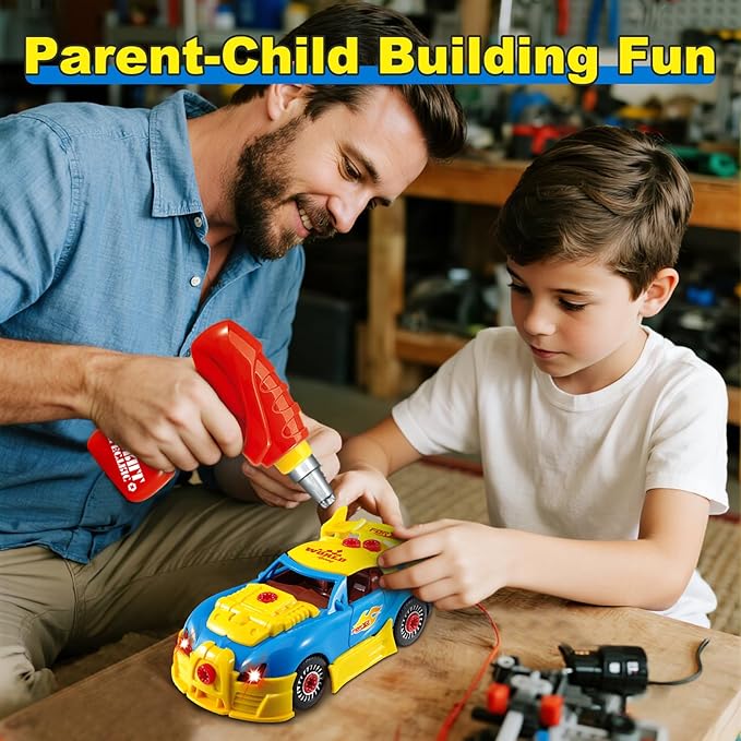 Construction Toys for Boys Age 3-8, Take Apart Toy Car Racing, 30 Pieces Building Toys with Electric Drill, Build Your Own Car with Realistic Sounds & Lights, STEM Gifts Kids (4 Spare Screws)