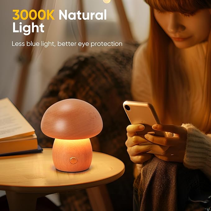 Wooden Mushroom Lamp, Portable Cordless Rechargeable Battery Operated Lamp,Stepless Dimming, Night Light for Birthday Gifts