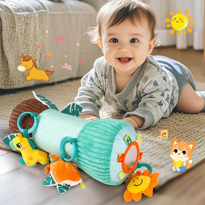 Inflatable Baby Tummy Time Toys Pillow for Newborn, Montessori Baby Sensory Toys Roller with Detachable Mirror, Squeaker, Teether & Rattle, Help with Early Development 3-6 Months (Fox)
