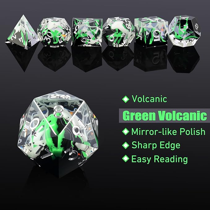 DNDND Emerald Volcanic Sharp Edge Dice Set - 7PCs Green Lava Flow Polyhedral Dice for D&D, RPG Metal Case Gift with Clear Numbers