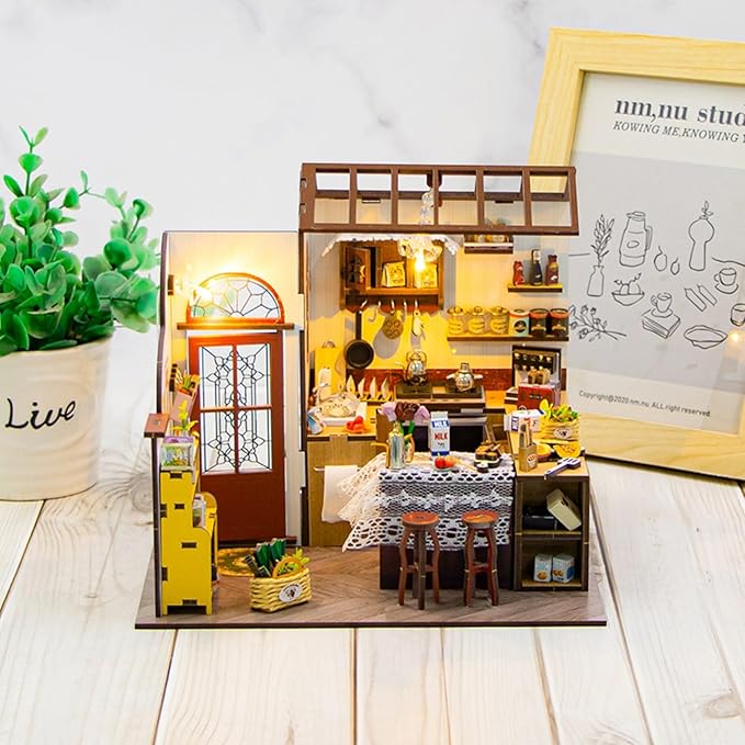 DIY Miniature House Kit, Tiny House Kit with LED, DIY Miniature Kit for Adults Teen, Wooden Dollhouse Kit, Home Decor, Kitchen