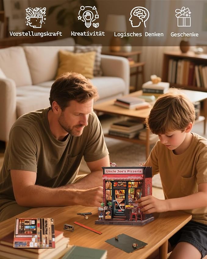 Cutefun Book Nook Kit - DIY Miniature Dollhouse Kit for Adults and Teens, Pizza Place Mini House Building Kit with LED Bookshelf Insert Decor Creative Gifts (Uncle Joe's Pizzeria)