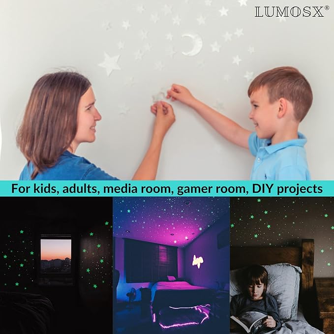 LUMOSX Glow in the Dark Stars for Ceiling – 220pcs Recycled Material Stars with North Star, Moon & Constellation E-Book for Kids' Room Decor