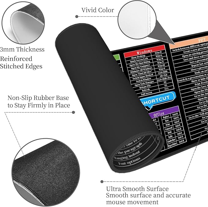 Excel Mouse Pad，Excel Cheat Sheet Desk Pad，Gaming Mouse Pad, Non-Slip Rubber Base Mousepad, Stitched Edges, 31.5x11.8 inch for Home Office