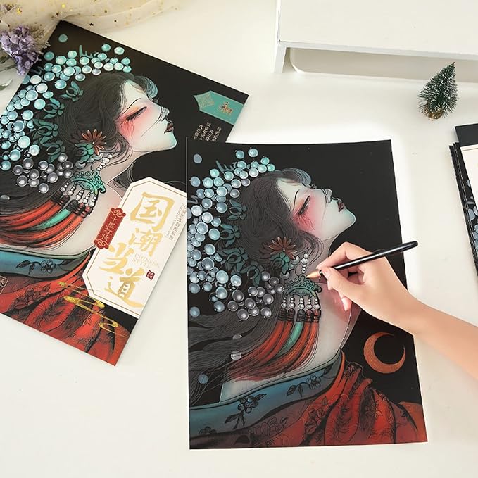 Scratch Rainbow Painting Art Paper-DIY Craft Kit for Kids & Adults Creative Art & Craft Gift Set Sketch Pad DIY Scratchboard with 4 Tools,16''x11''(Asian Girl2)