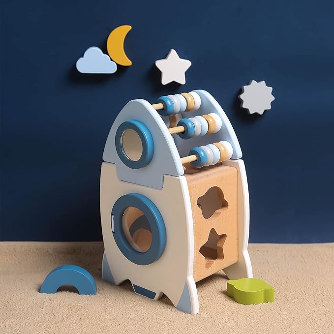 Wooden Space Toy for Baby, Montessori Toys for Babies, Toddler Rocket Toy, Sensory Activity Cube Learning Game, 1st Birthday Gift for Boys and Girls