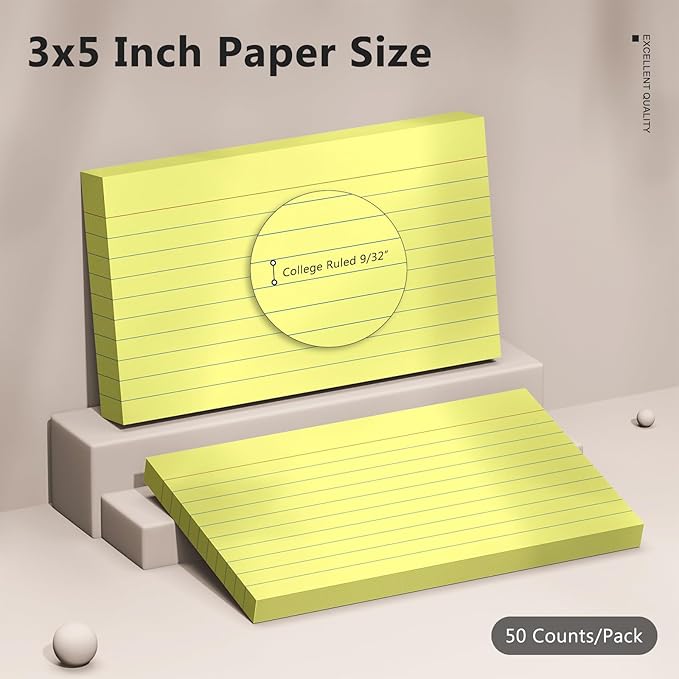 600 Count Index Cards 3 x 5 Inch Yellow Lined Flash Cards Ideal for Studying and To-do-List, Portable Note Cards Taking for Students and Teachers, Flash Card Styled for Home, Office or School Use
