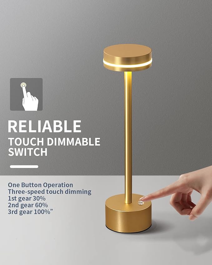 PUSU Cordless Table Lamp Set of 2, Battery Powered LED Desk Lamp Portable Table Lights 3-Level Brightness Touch Control, Lighting for Home Office Bedroom Hotel Restaurant Outdoor Night Light(Gold)