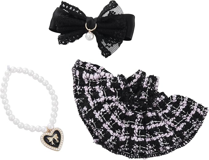 17cm Doll Clothes Set & Dolls Outfit 3-Piece Handmade Doll Clothing Set with Dress Necklace and Bow Accessories for 17cm Plush Dolls, Clothes Only, No Doll Included (Black)