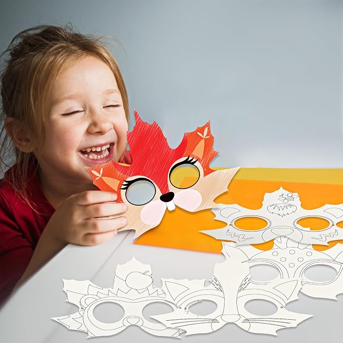Funrous 48 Pcs Fall Craft Kits Autumn Maple Leaf DIY Mask Color Your Own Animal Blank Painting Paper Mask Thanksgiving Craft