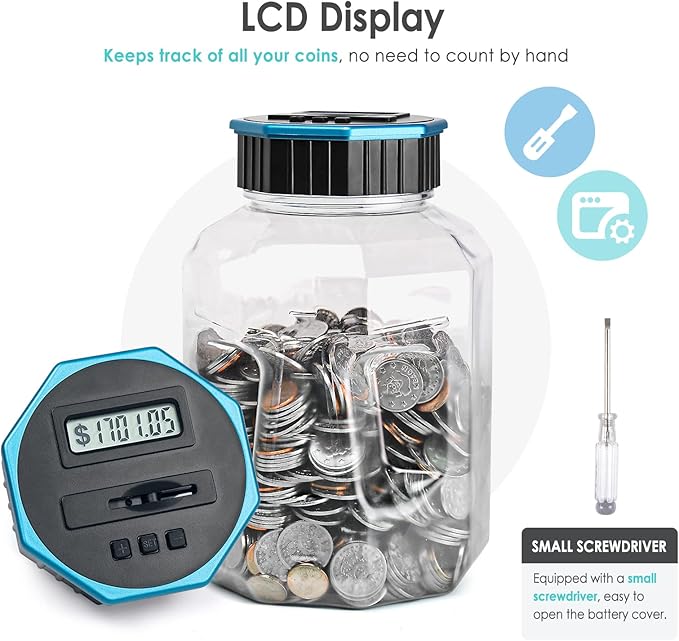 X-Large Piggy Bank for Adults Kids, Vcertcpl Digital Coin Counting Bank with LCD Counter, 2.4L Capacity, Great Coin Counter Bank Money Counting Jar with Total Amount Displayed (Blue, X-Large)