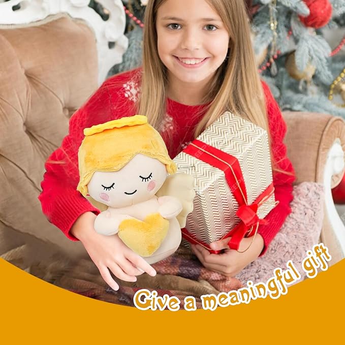 Angel Soft Toy for Kids, Cuddly Angel with White Wings and Holding A Heart, Guardian Angel Plush Doll Toy Boy/Girl Baptism Gifts, Suitable for All Ages (Heart)