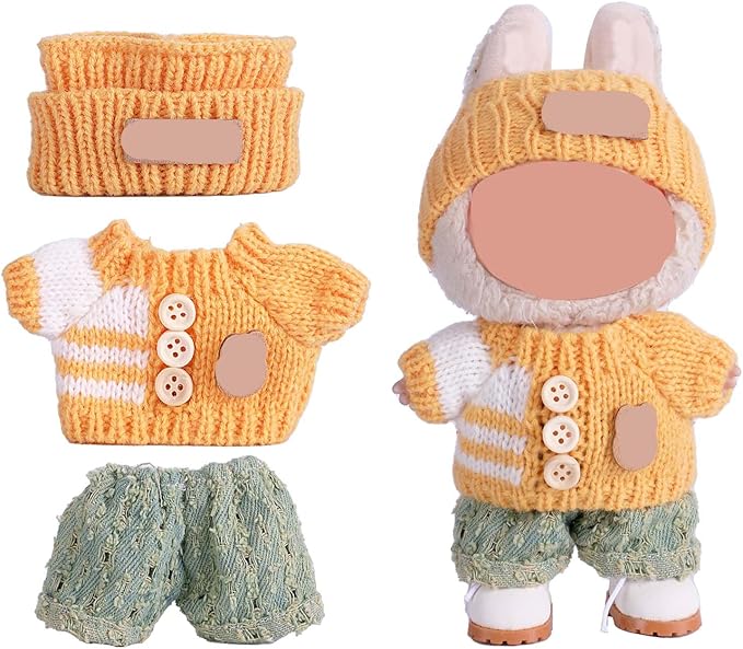 Clothes for 17cm Doll (NO Doll),Adorable Outfit ，Handcrafted Clothes Set with Dress Up ,Ropa Accessories Hat + Sweater + Pants (Rainbow +Yellow)
