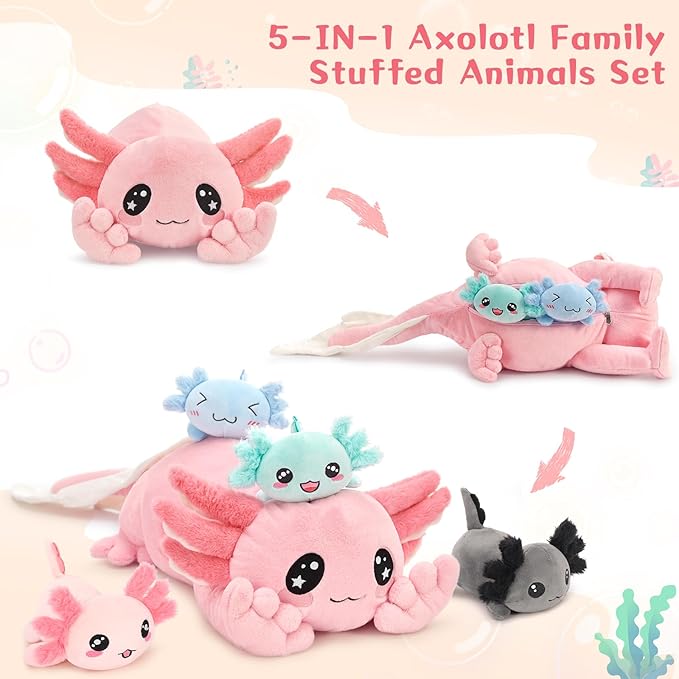MaoGoLan 5 Pcs Axolotl Stuffed Animals with 4 Babies Inside Belly, Glow in The Dark Plush Axolotl Toys Cute Kawaii Pink Stuffed Salamander for Girls Kids Halloween Christmas Valentine's Day Gift