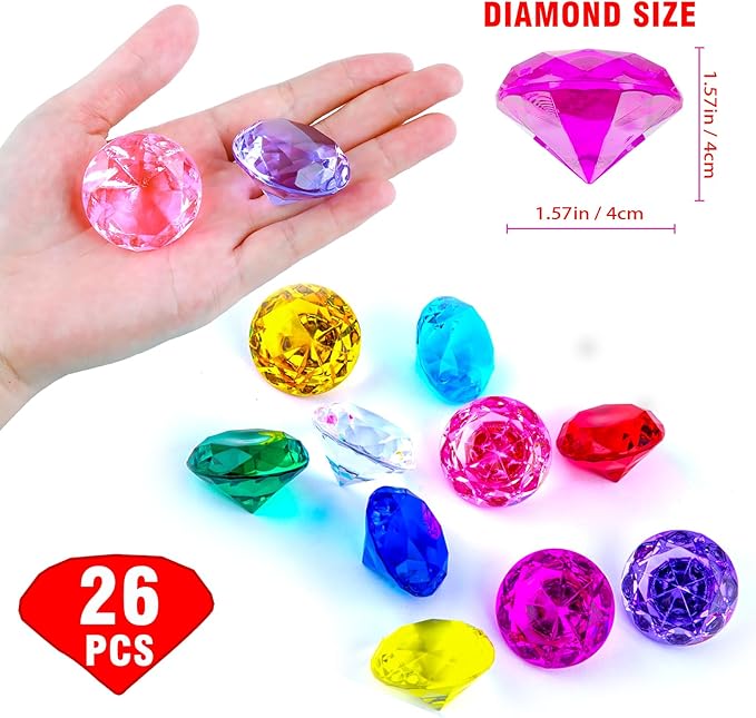 Niceup 26PCS Hot Pink Fake Diamonds Gem Toys, 1.5in Pool Diving Gems Acrylic Plastic Gemstones for Kids, Party Décor Jewels Treasure Hunt Hiding Sensory Bin Filler Toys Craft Supplies