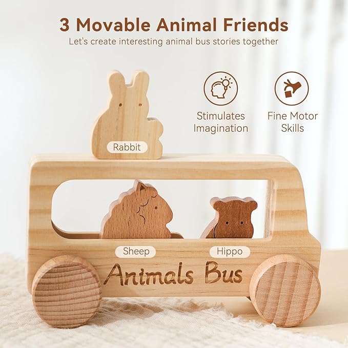 let's make Baby Wooden Toys Push Cars Animal Bus Toys Set Toddlers Developmental Grasping Toys Wooden Toys Gift for Kids Boys Girls Birthday Christmas