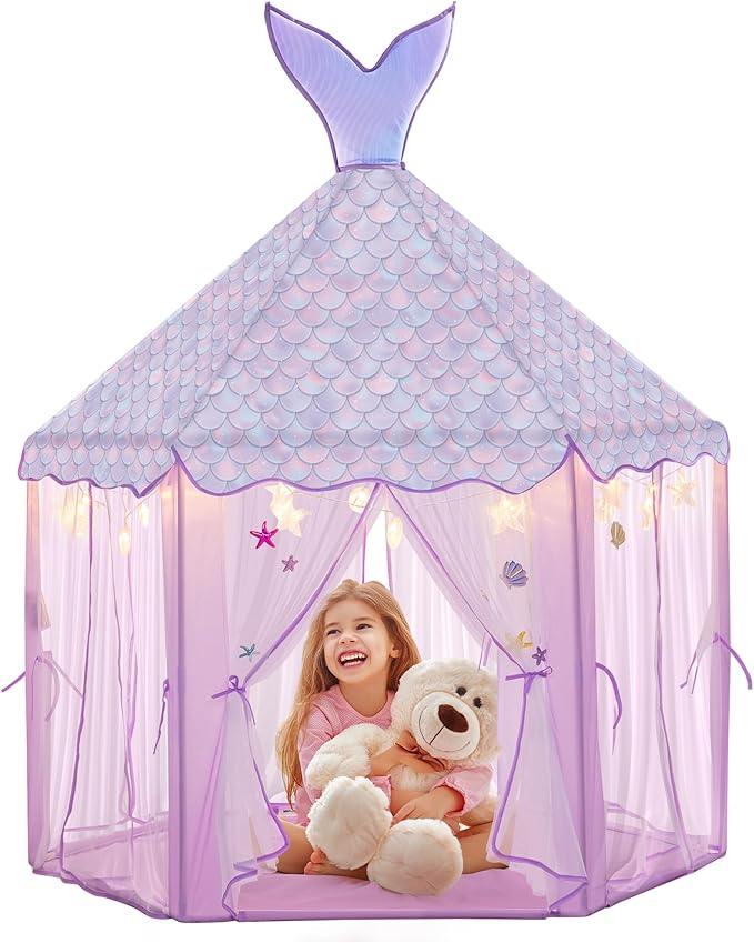 Princess Tent for Girls with Lights, Large Pretend Play Tent Castle w/Carry Bag & Stickers & Detachable Fishtail Top Indoor Outdoor, 67”x55” Ocean-Theme Kids Playhouse Gift for Toddler Age 3+