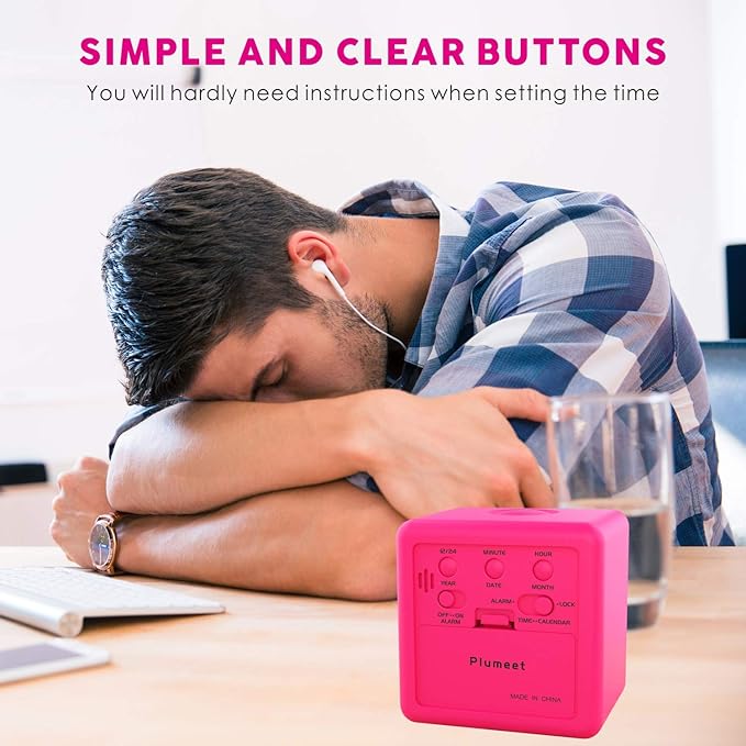 Plumeet Digital Kids Alarm Clock with Snooze and Nightlight - Easy Setting Silicone Clock Display Time, Date - Loud for Bedroom - Battery Powered (Pink)