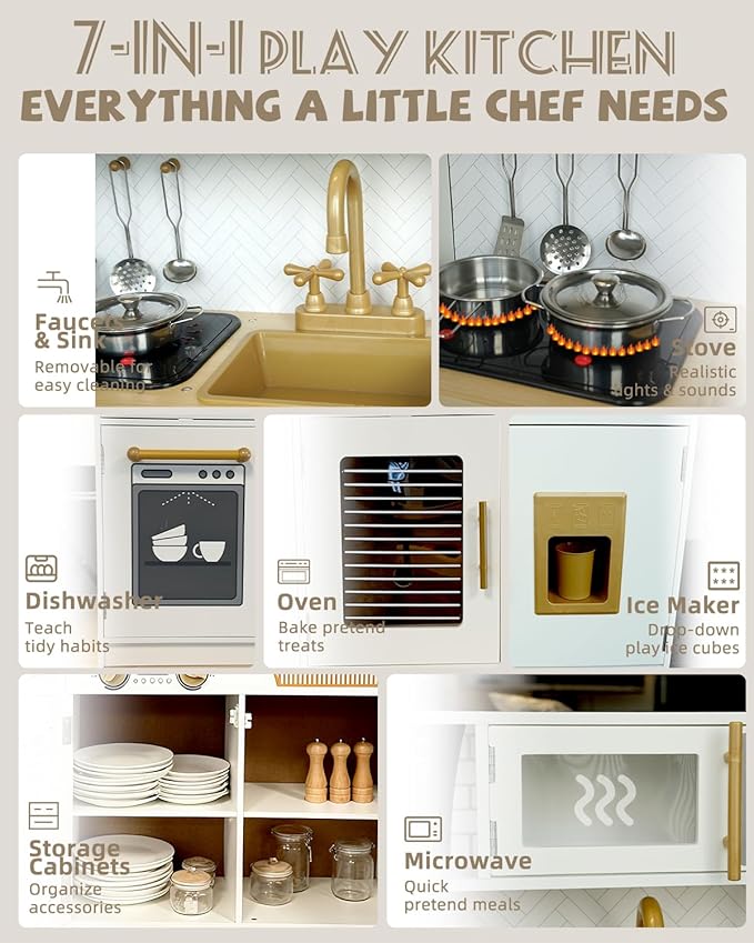 YUG Kids Play Kitchen Set with Real Lights & Sounds Toddler Kitchen Playset Including Stove, Oven, Dishwasher, Ice Maker, Pretend Kitchen Toy for Boys Girls Ages 3+, ASTM CPSIA Compliant
