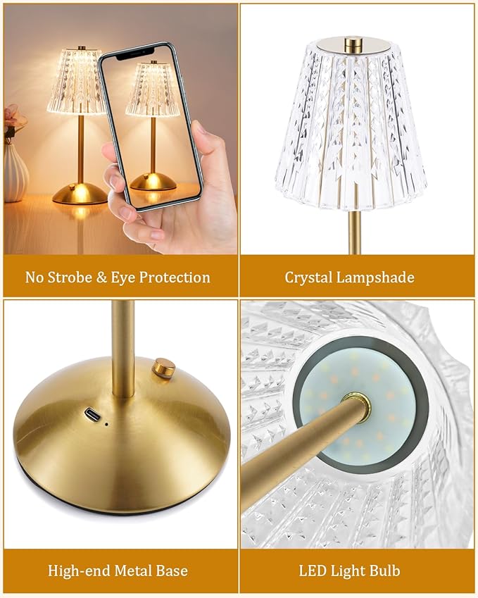 Cordless Touch Table Lamp, 3500mAh LED Rechargeable Small Dask Lamp, 3 Colors Dimmable Battery Operated Crysta Lamp for Bedroom Restaurant Kitchen Home Decor, Gold, 2pcs