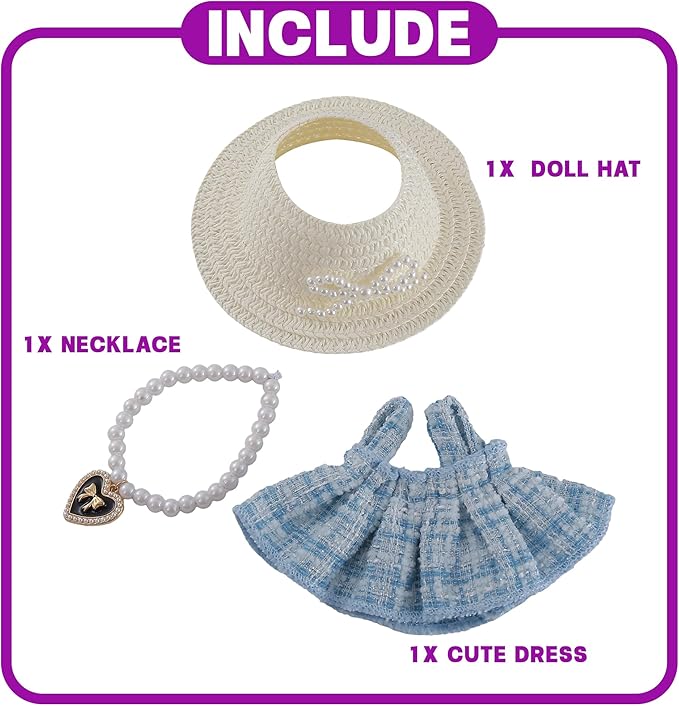 17cm Doll Clothes Set 3-Piece Doll Clothing Set with Blue Dress Necklace Accessories for 17cm Plush Dolls, Clothes Only, No Doll Included