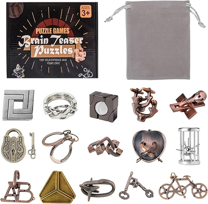 VolksRose 15pcs Brain Teaser Puzzles, Metal Wire Puzzles Set, Mind Smart Game IQ Challenge Puzzle Games, Educational IQ Test Unlock Interlocking Toy Lock Puzzles Gift for Adults Teenagers