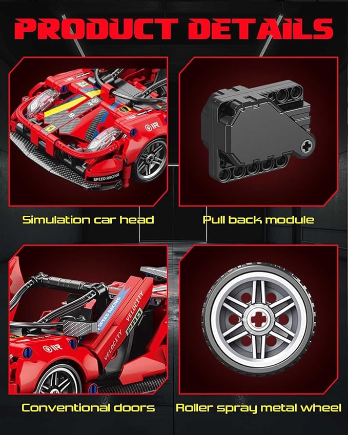 Sosuy Building-Block Race-Car Set, 1:18 Technical Model Kit 513 Pcs DIY Red Pull-Back Toy for Boy Girl Kid Age 6+ Year, Birthday Gift for Teen Adult Display, Speed Super Sports Cars Bricks Icons
