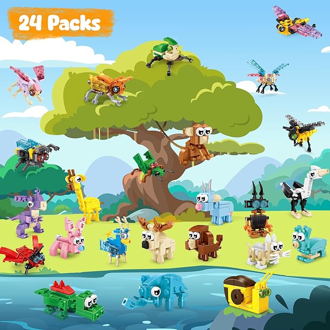 MOONTOY 48 Packs Party Favors for Kids, 3-in-1 Mini Animals Building Blocks Sets for Easter, Birthday, Goodie Bag Stuffers, Classroom Prizes for Boys Girls Ages 3-12