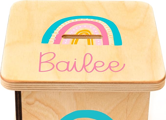 Wooden Piggy Bank for Kids and Adults, Personalized Gift Handmade in USA by BloomOwl, Custom Piggy Bank, Personalized Banks for Kids, Gifts for Baby Boys and Girls (Rainbow)