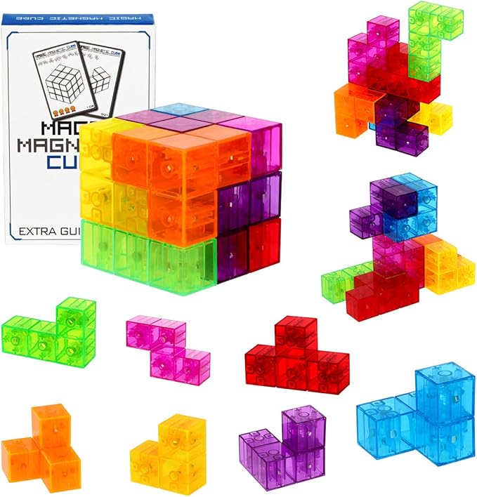 Magnetic Building Blocks Magic Magnetic 3D Puzzle Cubes, Set of 7 Multi Shapes Magnetic Blocks with 54 Guide Cards, Intelligence Developing and Stress Relief Fidget Toys