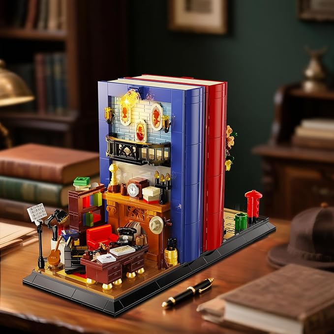 Detective Bookend Building Set with Lights, 1241 PCS Detective Agency Street House Building Block Kit for Home Decor Bookshelf, Collectible Mystery Bookstand Model for Adults Boys Girls Age 12+