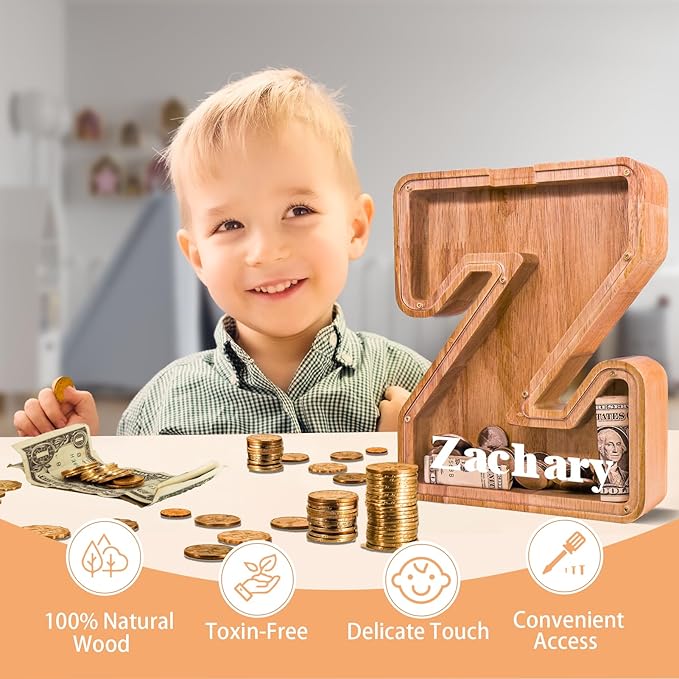 Wooden Letter Piggy Bank for Kids Larger Letter Piggy Bank for Boys and Girls Personalized Piggy Bank Initial Coin Bank Wood Kids Money Bank for Birthday and Festival