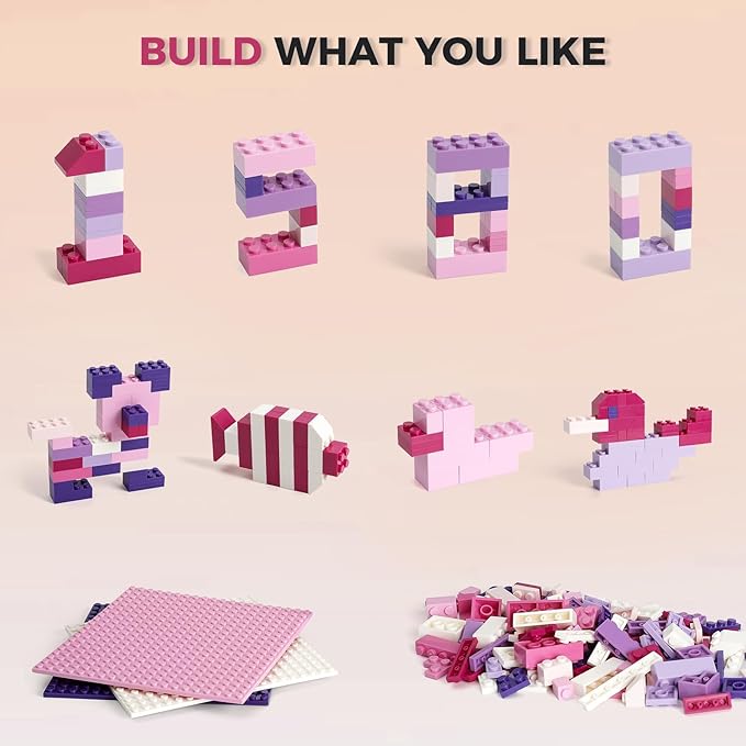 1000 Pieces Classic Building Bricks, Classic Stackable Base Plates, 3 6.3" x 6.3" White, Pink and Purple Base Plates, Compatible with All Major Brands, Toys for Ages 6-7-8-13 Girls