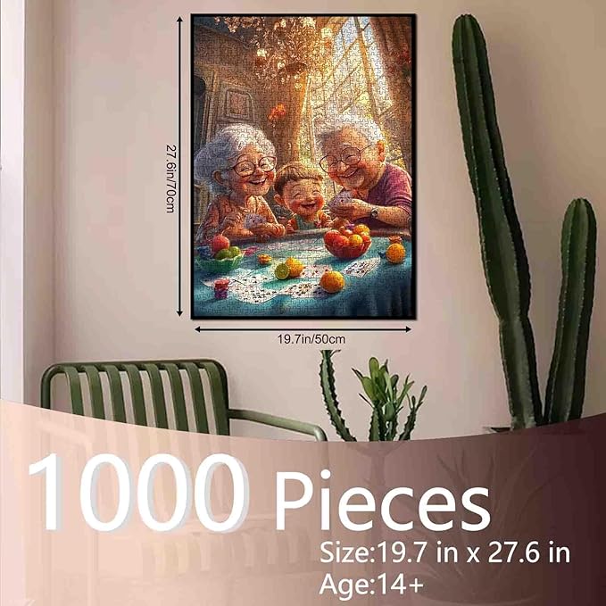 Happy Elderly Couple Playing Poker with Grandson 1000 Piece Jigsaw Puzzle for Adults Students Colorful Cards Fruit Living Room with Chandeliers Sunlight Large Windows 20×27 Inches Fun Home Decor
