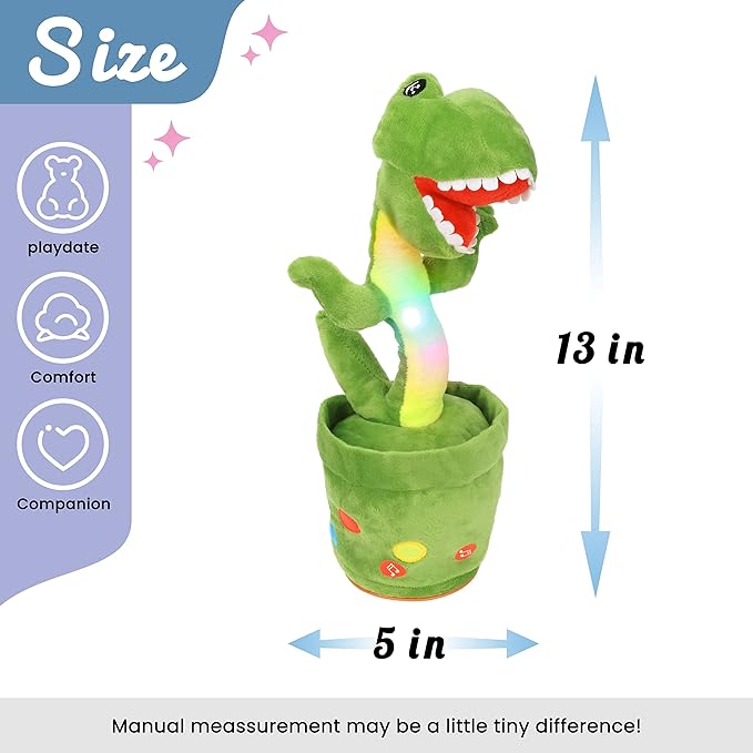 Hopearl Glowing Dancing Dinosaur Repeats What You Say - Talking T-Rex Wriggle Singing Mimicking Twisting Light Up Interactive Animated Speaking Plush Toy - Gifts for Kids, Green, 13''