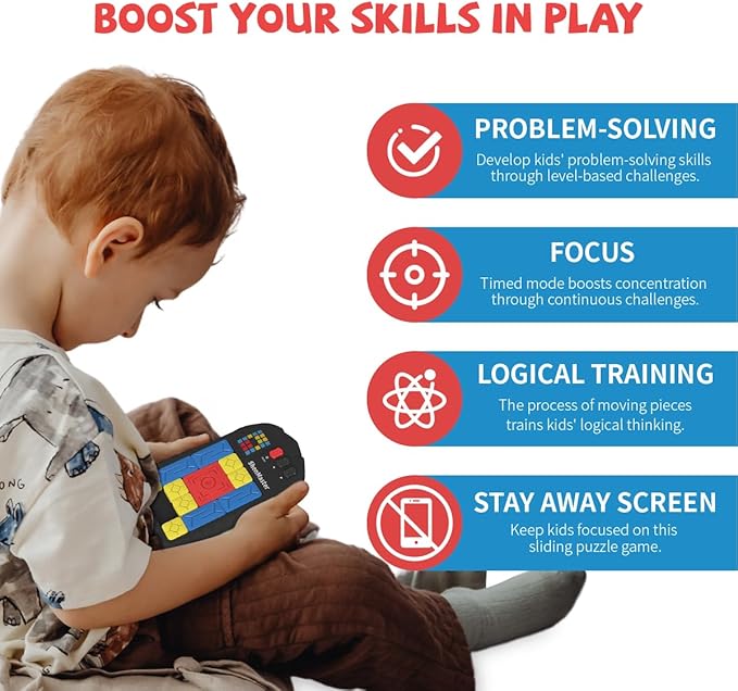 Rechargeable Super Slide Puzzle Game,Klotski Brain Toys for Kids Teens,500+ Challenges 7 Difficulty Levels for Boys&Girls,Portable Travel Games for All Ages,8-12 Gifts idea-Black