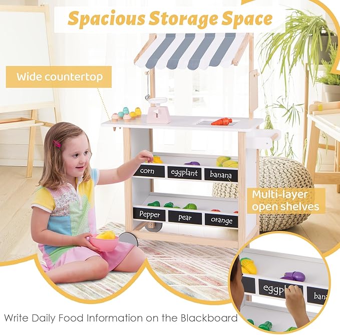 Costzon Kids Pretend Play Grocery Store, Wooden Ice Cream Cart Toy Set for Kids with Ice Cream Making Counter, Scale, Bell, Display Shelves, Blackboard, Canopy, Wheels, Gift for Toddlers (White)