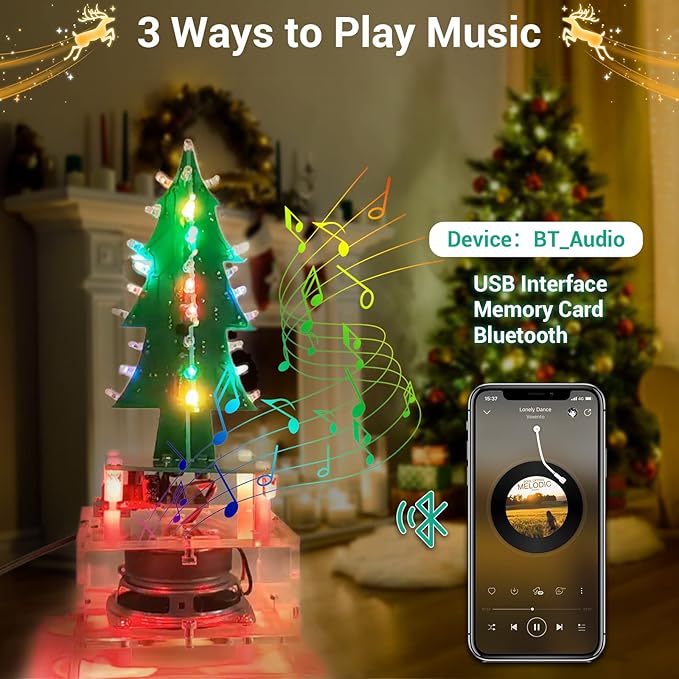 Christmas Tree Soldering Kit, Icstation 3D Xmas Tree Soldering Project Bluetooth-Compatible U-Disk/AUX/TF Music DIY Soldering Practice Kit with LED Lights