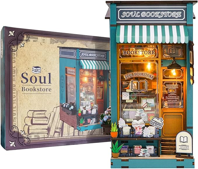 Book Nook Kit Soul Bookstore, DIY Wooden Booknooks Kit for Adults Women Teens, Bookshelf Diorama Miniature Scenes Insert Decor with LED Light, Miniature House Kit Bookstore Model Gifts