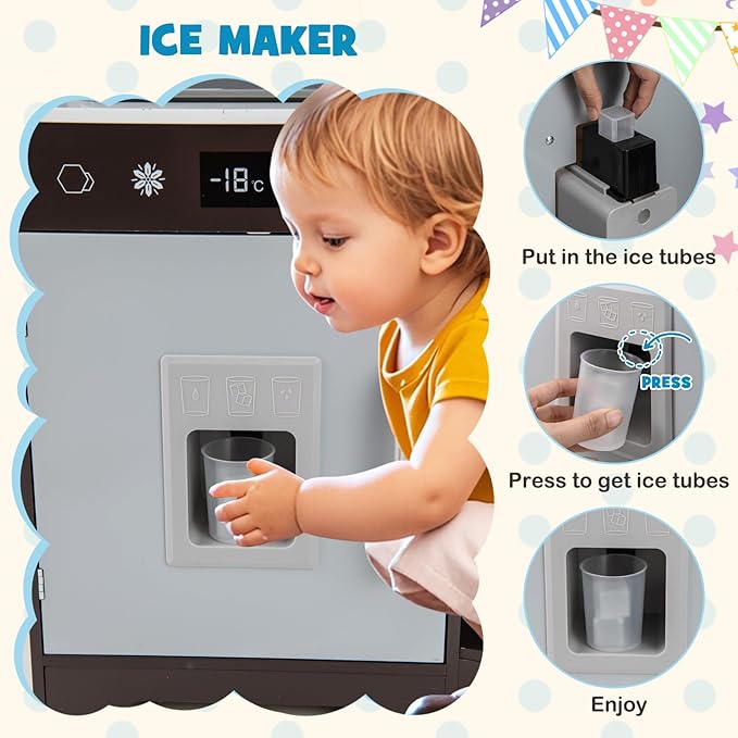 Costzon Corner Kids Kitchen Playset, Wooden Toy Kitchen Set with Range Hood, Ice Maker, Pretend Telephone, Sink, Faucet, Microwave, Oven, Play Kitchen with Lights and Sounds for Toddlers (Brown)