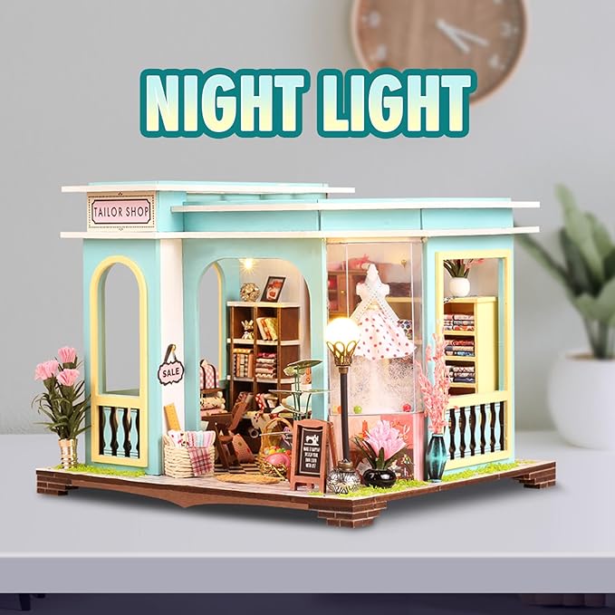 DIY Miniature House Kit,Tailor Shop Dollhouse Miniature Kit with LED & Furniture,Mini Diorama House Building Kit for Adults,3D Wooden Craft Tiny House Mini Model Kit,Home Decor Family Birthday Gifts