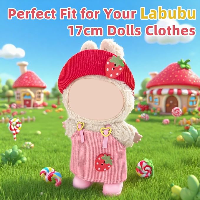 17cm Doll Clothes Set—3 Piece Set Hat Dress for 6.7in Plush Dol , Boys and Girls Stylish Adorable Dolls Clothes Accessories, Includes—Strawberry hat+Halter Dress+Shoes (Style C)