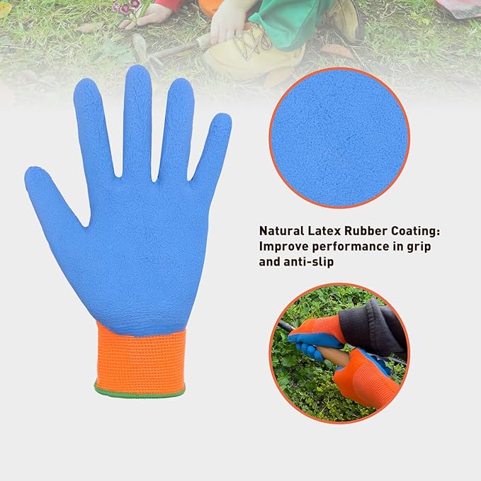 HANDLANDY 3 Pairs Kids Gardening Gloves Latex Free, Nitrile Coated Children Toddler Garden Yard Work Gloves for Little Girls Boys (Size L, Black-Orange)